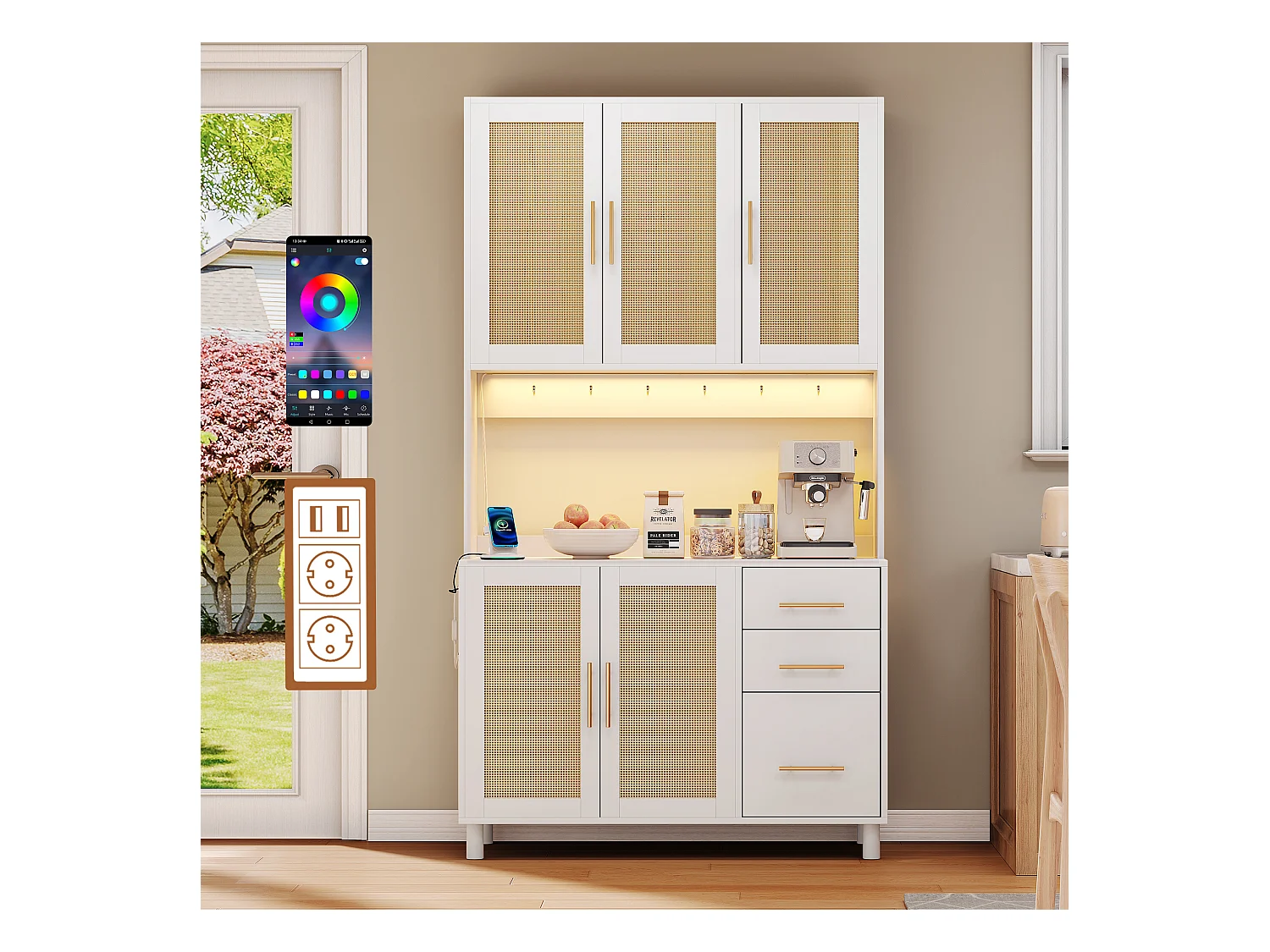 Buffet de cuisine avec Leds - 100 x 40 x 183 cm - avec USB + prises + étagères réglables + 3 tiroirs - MDF - blanc