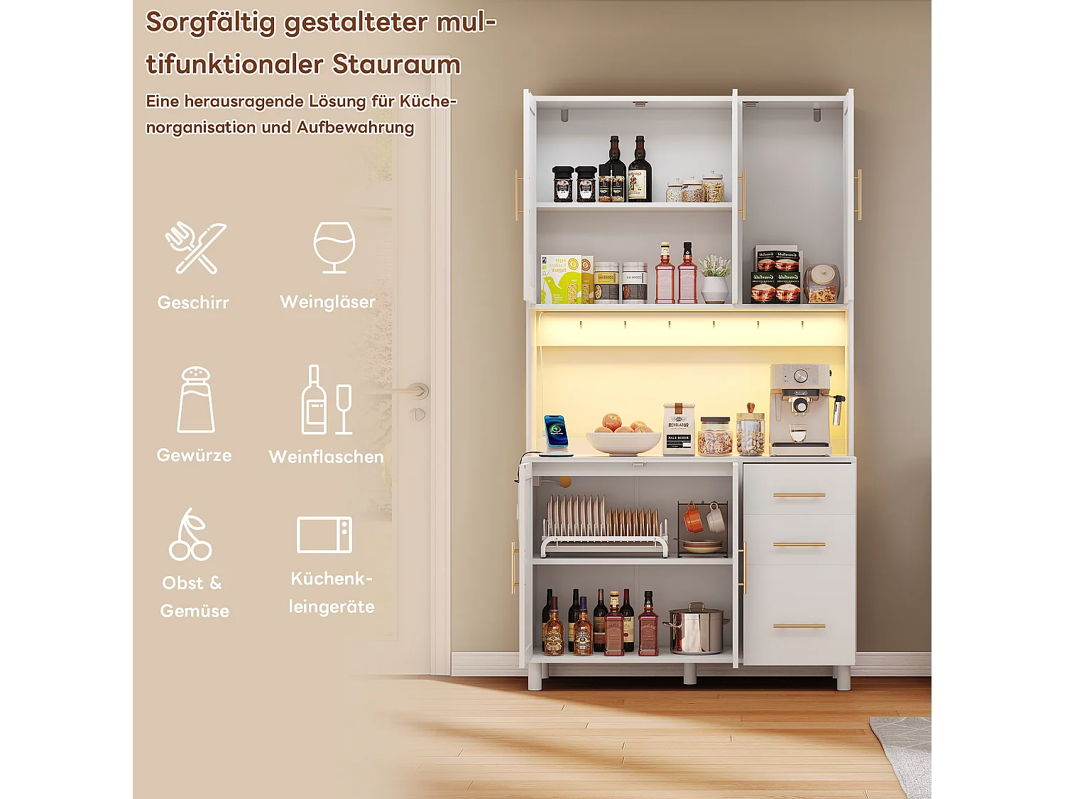 Aparador de cozinha com LEDs - 100 x 40 x 183 cm - com USB + tomadas + prateleiras reguláveis ​​+ 3 gavetas - MDF - branco