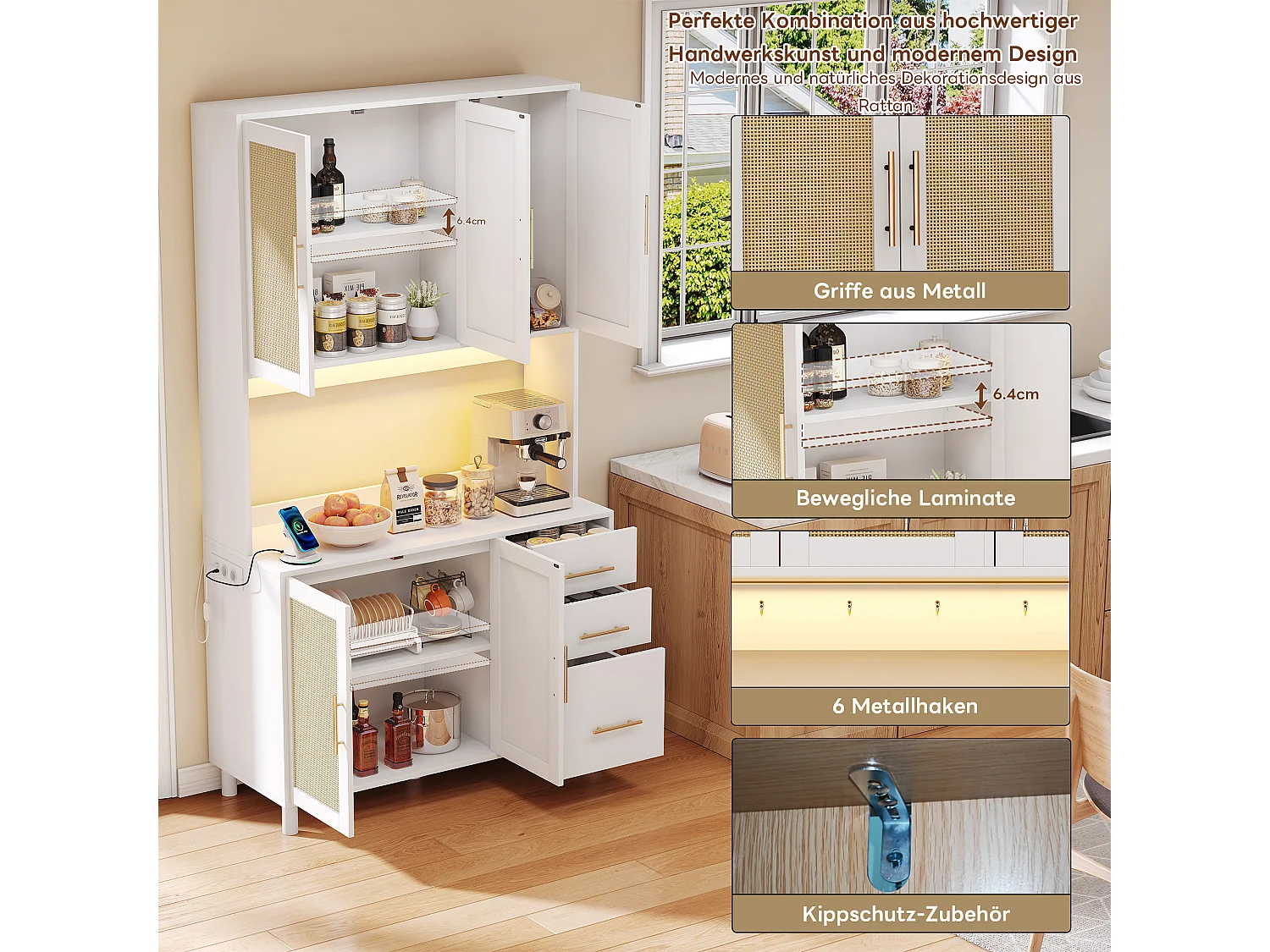 Aparador de cozinha com LEDs - 100 x 40 x 183 cm - com USB + tomadas + prateleiras reguláveis ​​+ 3 gavetas - MDF - branco