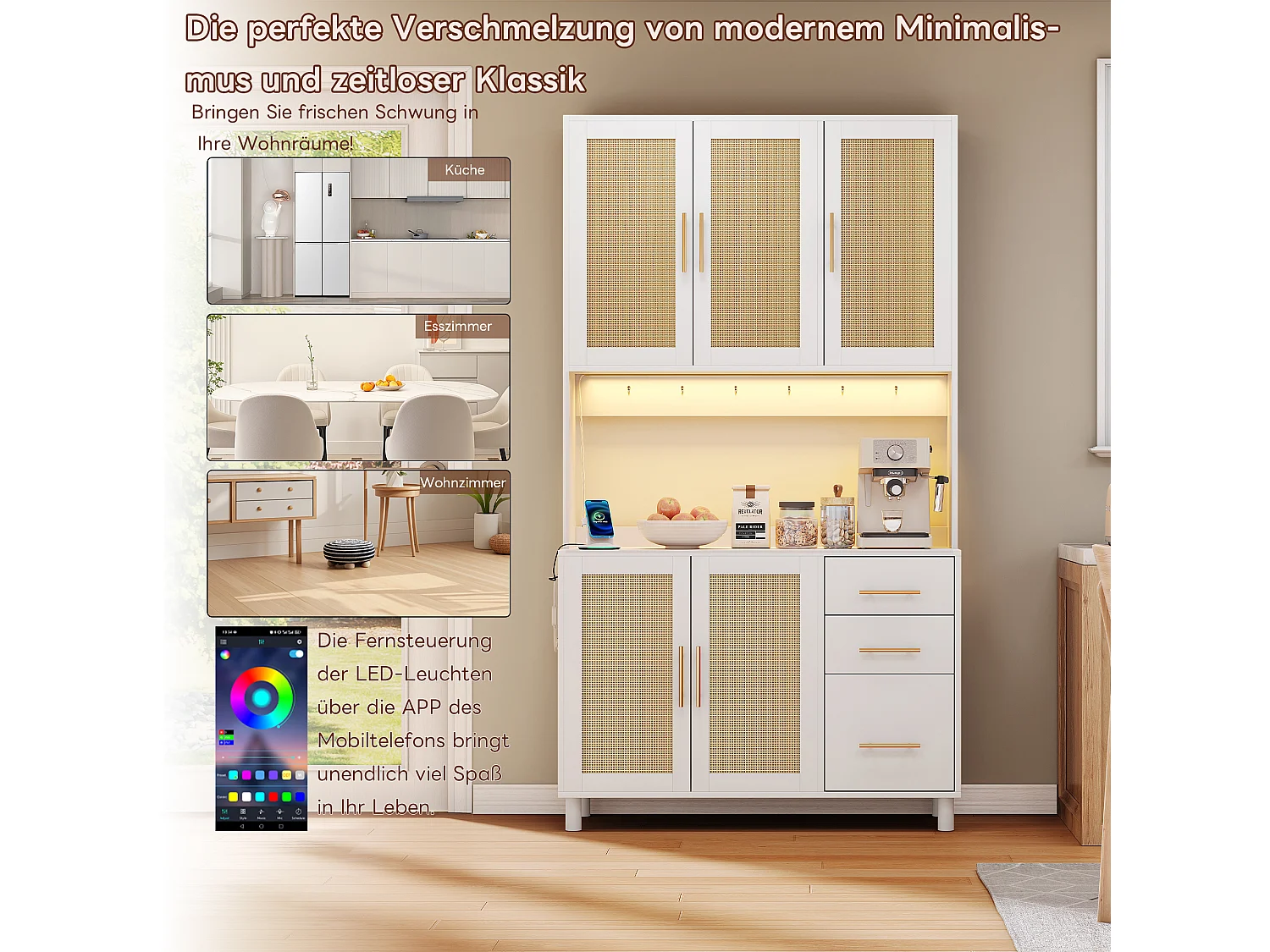 Aparador de cozinha com LEDs - 100 x 40 x 183 cm - com USB + tomadas + prateleiras reguláveis ​​+ 3 gavetas - MDF - branco