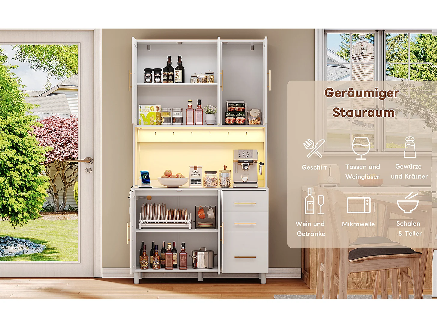 Aparador de cozinha com LEDs - 100 x 40 x 183 cm - com USB + tomadas + prateleiras reguláveis ​​+ 3 gavetas - MDF - branco