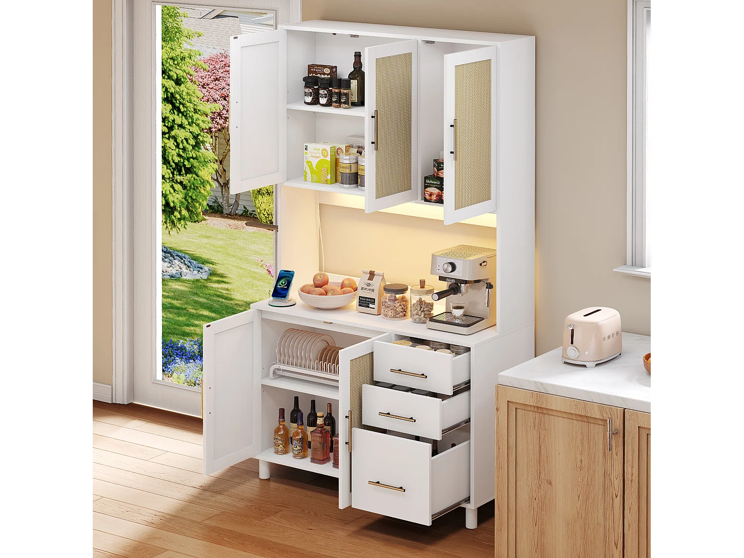 Aparador de cozinha com LEDs - 100 x 40 x 183 cm - com USB + tomadas + prateleiras reguláveis ​​+ 3 gavetas - MDF - branco