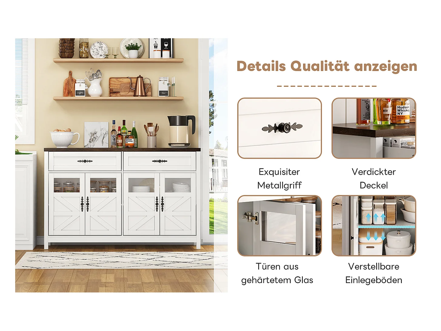 Buffet de salle avec rangement -  140 x 90 x 39 cm -  avec 4 portes + 2 grands tiroirs - MDF - blanc