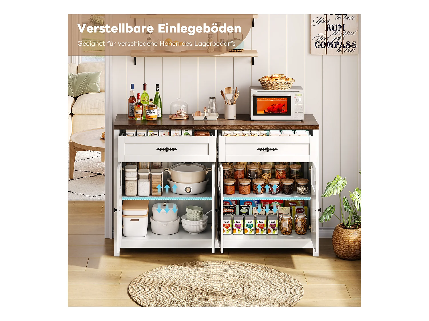 Credenza da ingresso con contenitore - 140 x 90 x 39 cm - con 4 ante + 2 cassetti grandi - MDF - bianco