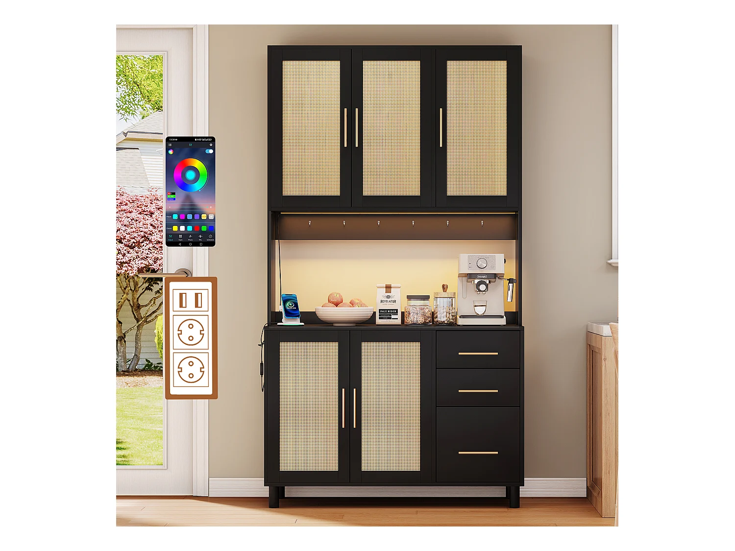 Buffet de cuisine avec Leds - 100 x 40 x 183 cm - avec USB + prises + étagères réglables + 3 tiroirs - MDF - noir