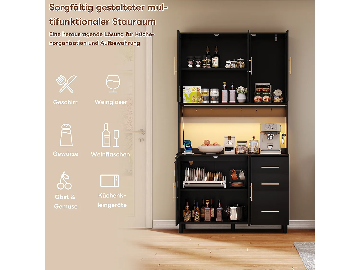 Buffet de cuisine avec Leds - 100 x 40 x 183 cm - avec USB + prises + étagères réglables + 3 tiroirs - MDF - noir