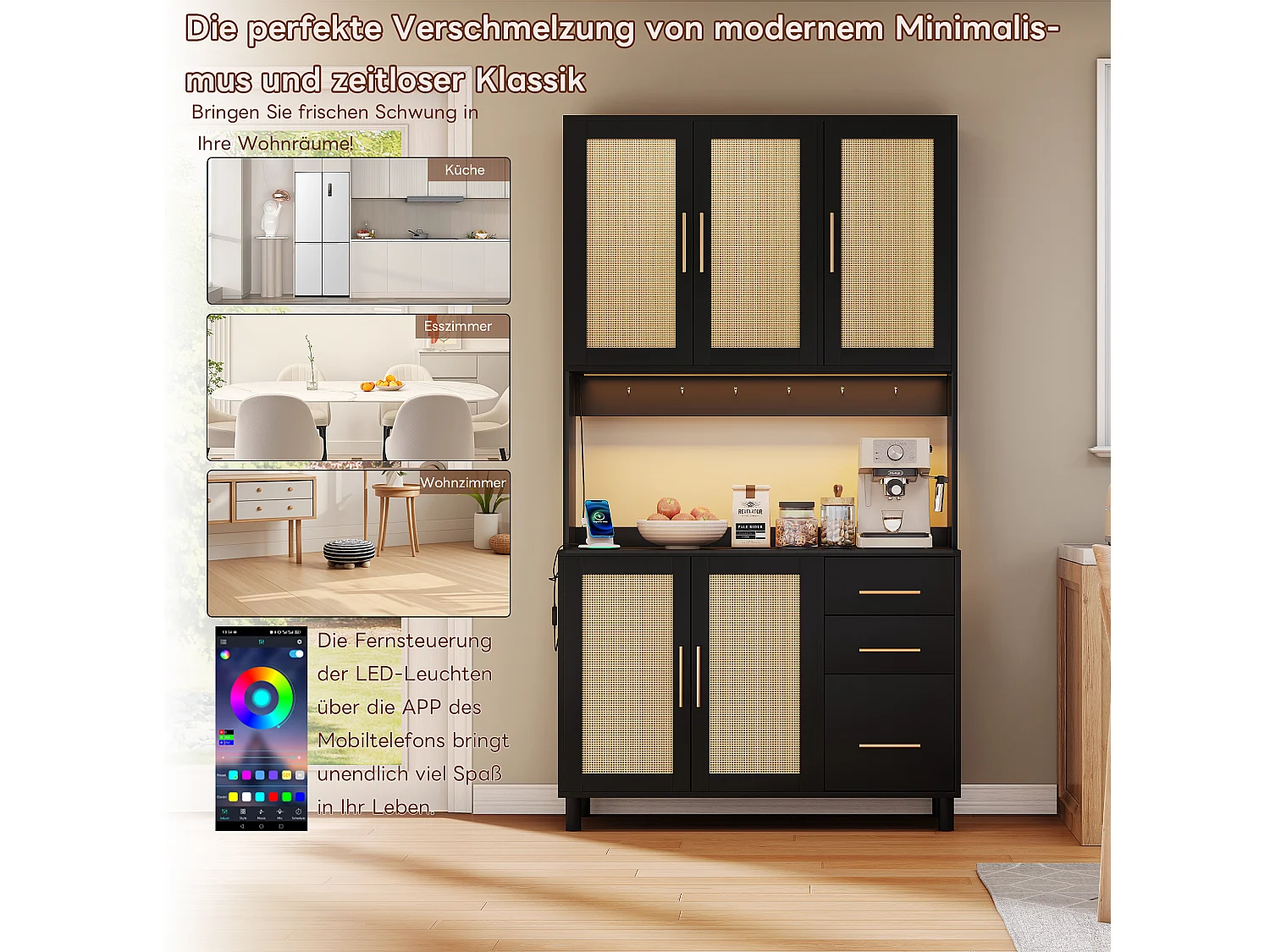 Buffet de cuisine avec Leds - 100 x 40 x 183 cm - avec USB + prises + étagères réglables + 3 tiroirs - MDF - noir