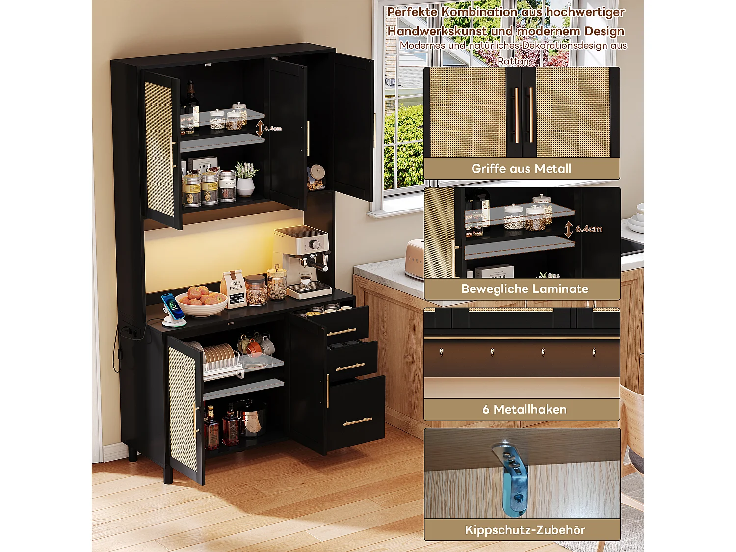 Buffet de cuisine avec Leds - 100 x 40 x 183 cm - avec USB + prises + étagères réglables + 3 tiroirs - MDF - noir