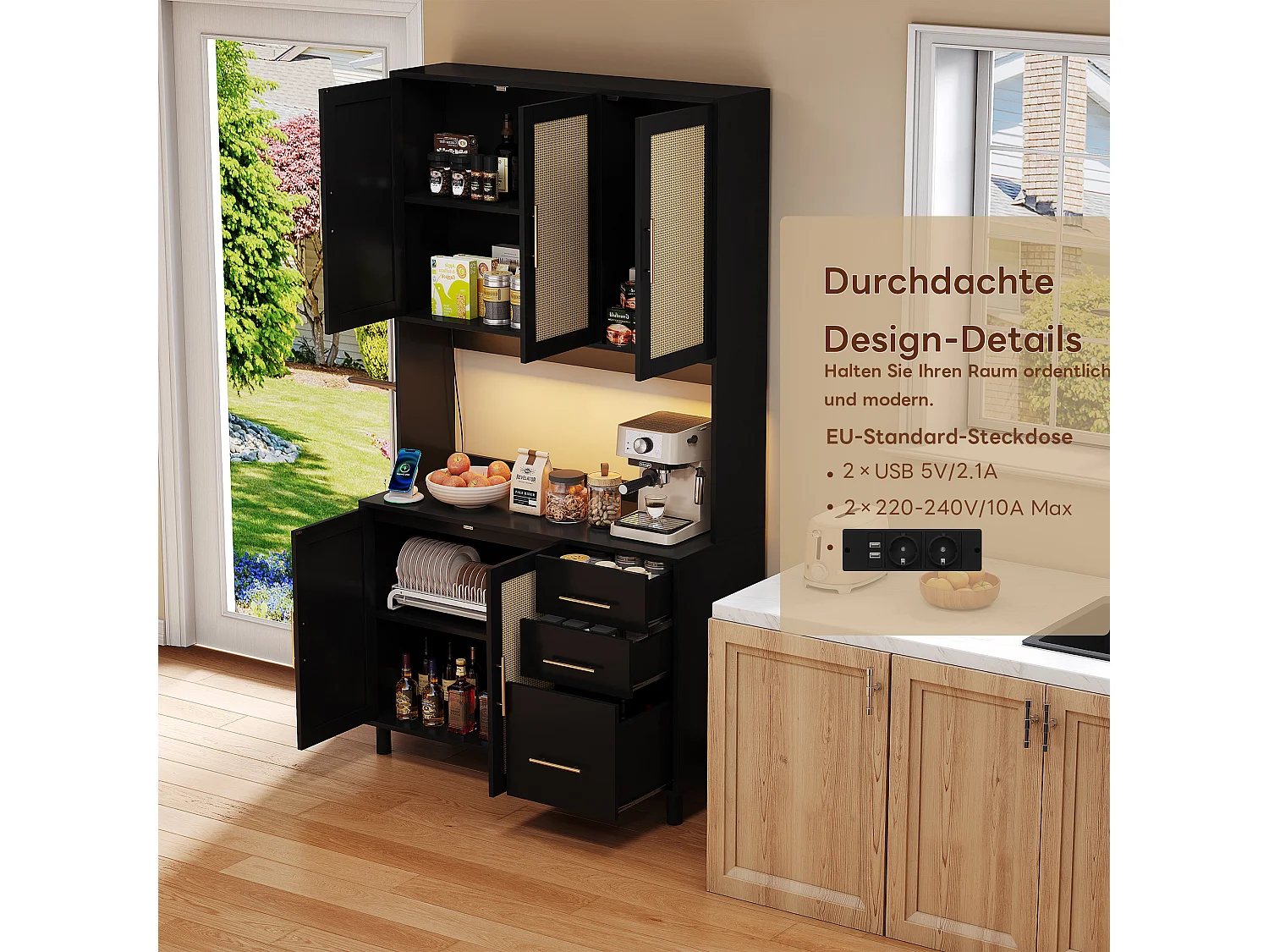 Buffet de cuisine avec Leds - 100 x 40 x 183 cm - avec USB + prises + étagères réglables + 3 tiroirs - MDF - noir