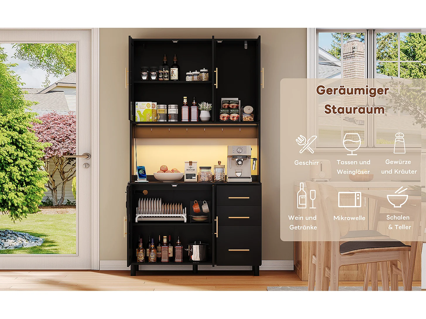 Buffet de cuisine avec Leds - 100 x 40 x 183 cm - avec USB + prises + étagères réglables + 3 tiroirs - MDF - noir