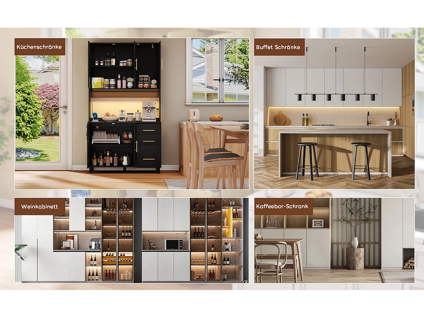 Buffet de cuisine avec Leds - 100 x 40 x 183 cm - avec USB + prises + étagères réglables + 3 tiroirs - MDF - noir