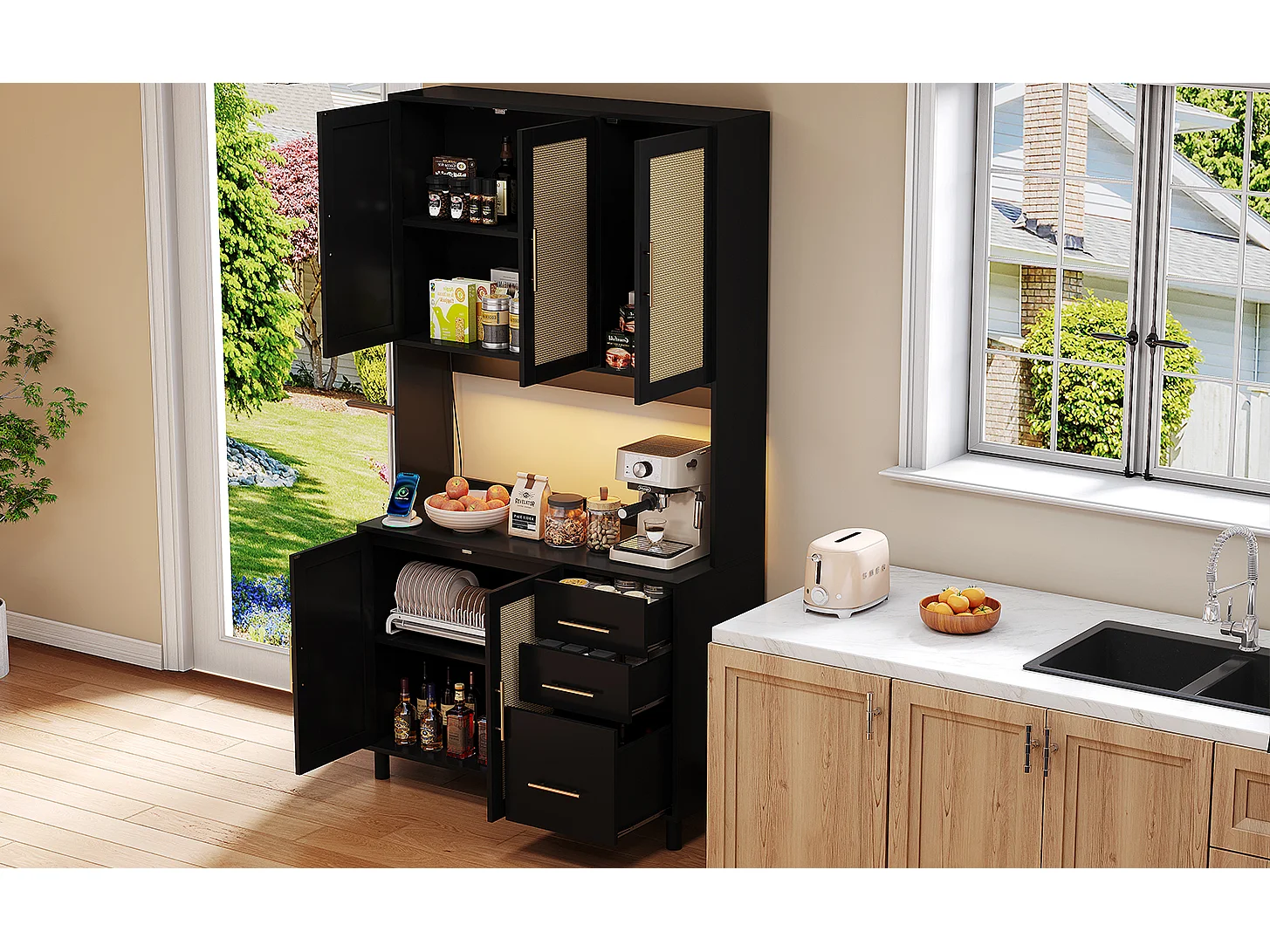 Buffet de cuisine avec Leds - 100 x 40 x 183 cm - avec USB + prises + étagères réglables + 3 tiroirs - MDF - noir