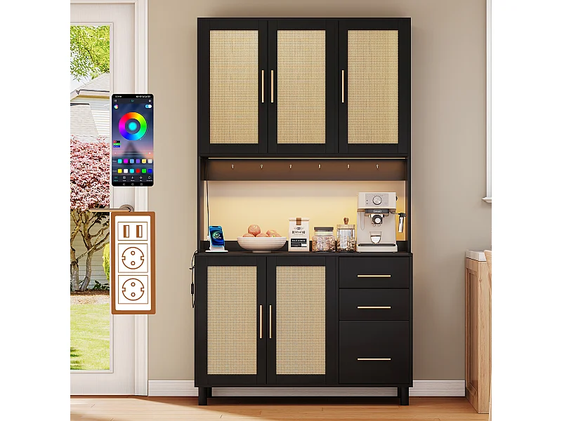 Buffet de cuisine avec Leds - 100 x 40 x 183 cm - avec USB + prises + étagères réglables + 3 tiroirs - MDF - noir