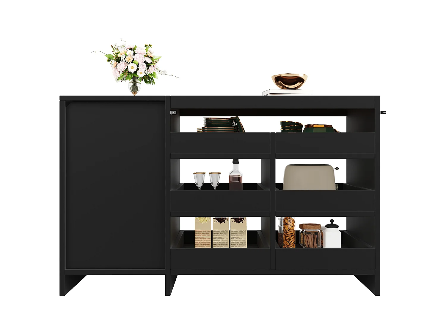 Aparador de cozinha com porta - 120 x 40 x 75 cm - com 6 gavetas + LEDs - MDF - preto