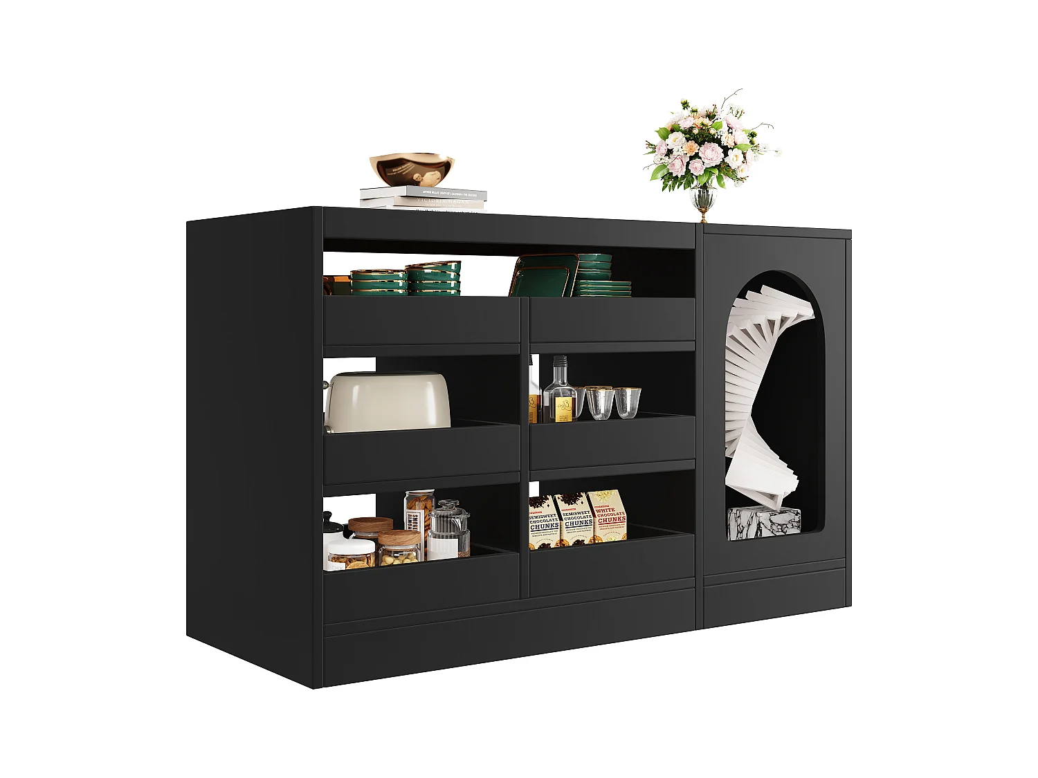 Keuken dressoir met deur - 120 x 40 x 75 cm - met 6 lades + LED's - MDF - zwart