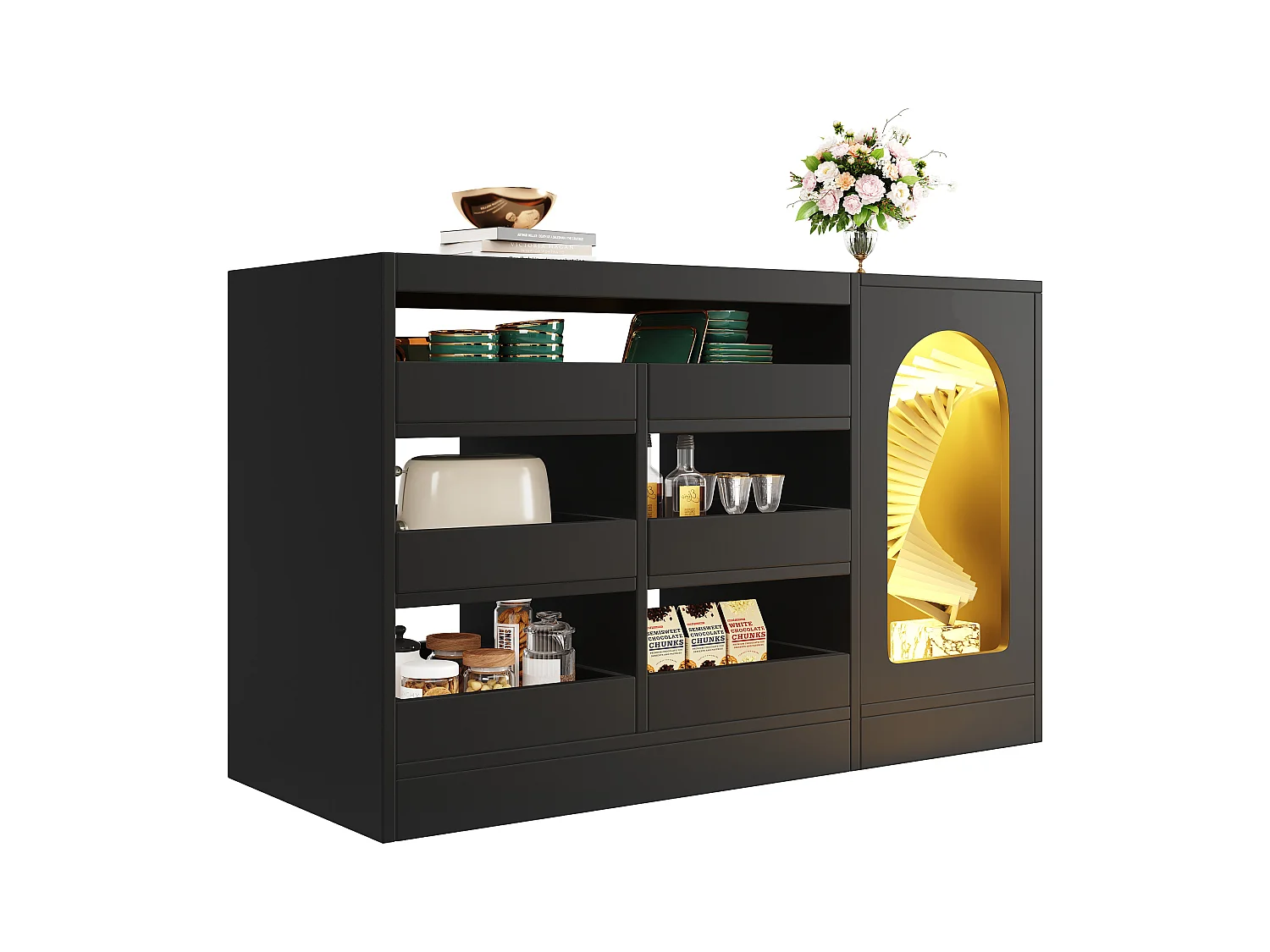 Keuken dressoir met deur - 120 x 40 x 75 cm - met 6 lades + LED's - MDF - zwart