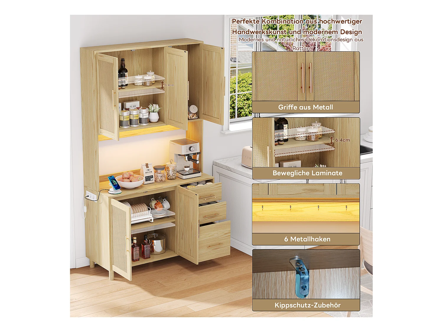 Buffet de cuisine avec Leds - 100 x 40 x 183 cm - avec USB + prises + étagères réglables + 3 tiroirs - MDF - naturel