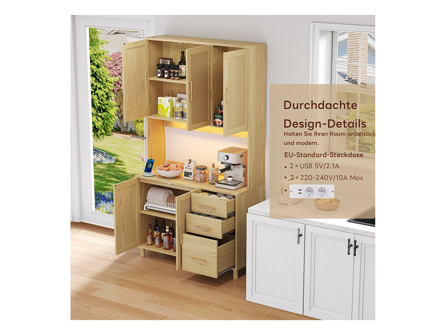 Buffet de cuisine avec Leds - 100 x 40 x 183 cm - avec USB + prises + étagères réglables + 3 tiroirs - MDF - naturel