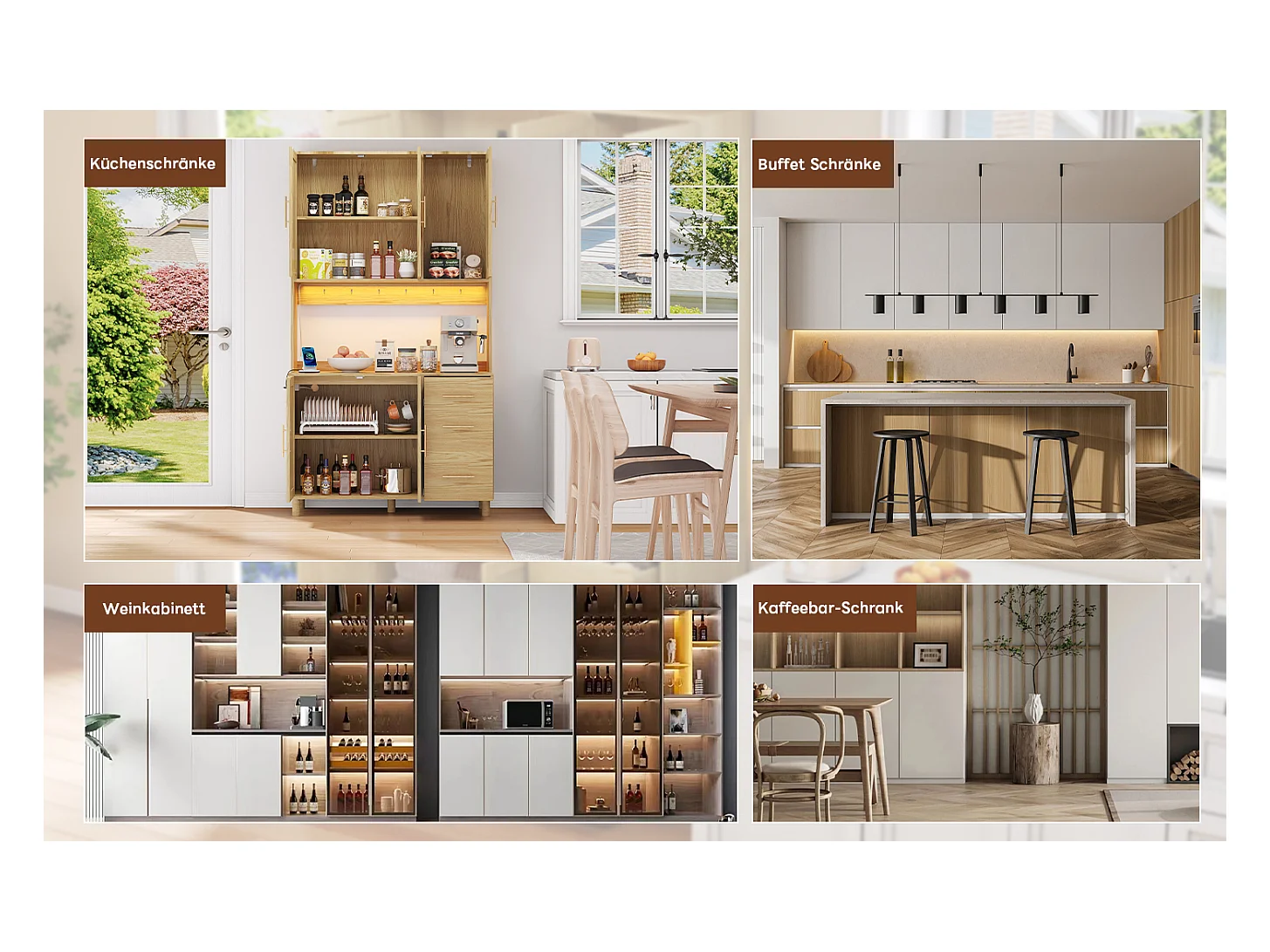 Buffet de cuisine avec Leds - 100 x 40 x 183 cm - avec USB + prises + étagères réglables + 3 tiroirs - MDF - naturel