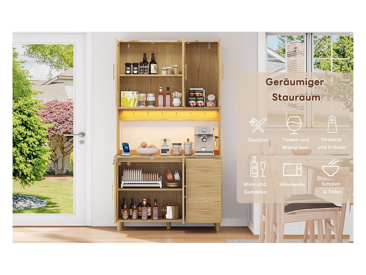 Buffet de cuisine avec Leds - 100 x 40 x 183 cm - avec USB + prises + étagères réglables + 3 tiroirs - MDF - naturel