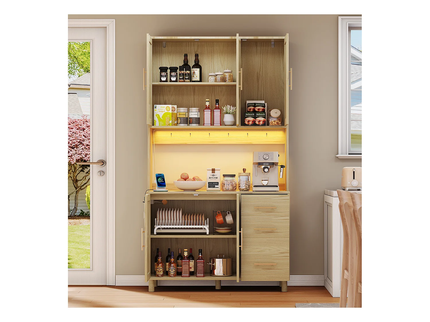 Buffet de cuisine avec Leds - 100 x 40 x 183 cm - avec USB + prises + étagères réglables + 3 tiroirs - MDF - naturel