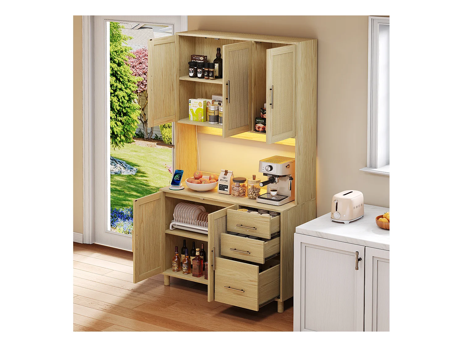 Buffet de cuisine avec Leds - 100 x 40 x 183 cm - avec USB + prises + étagères réglables + 3 tiroirs - MDF - naturel