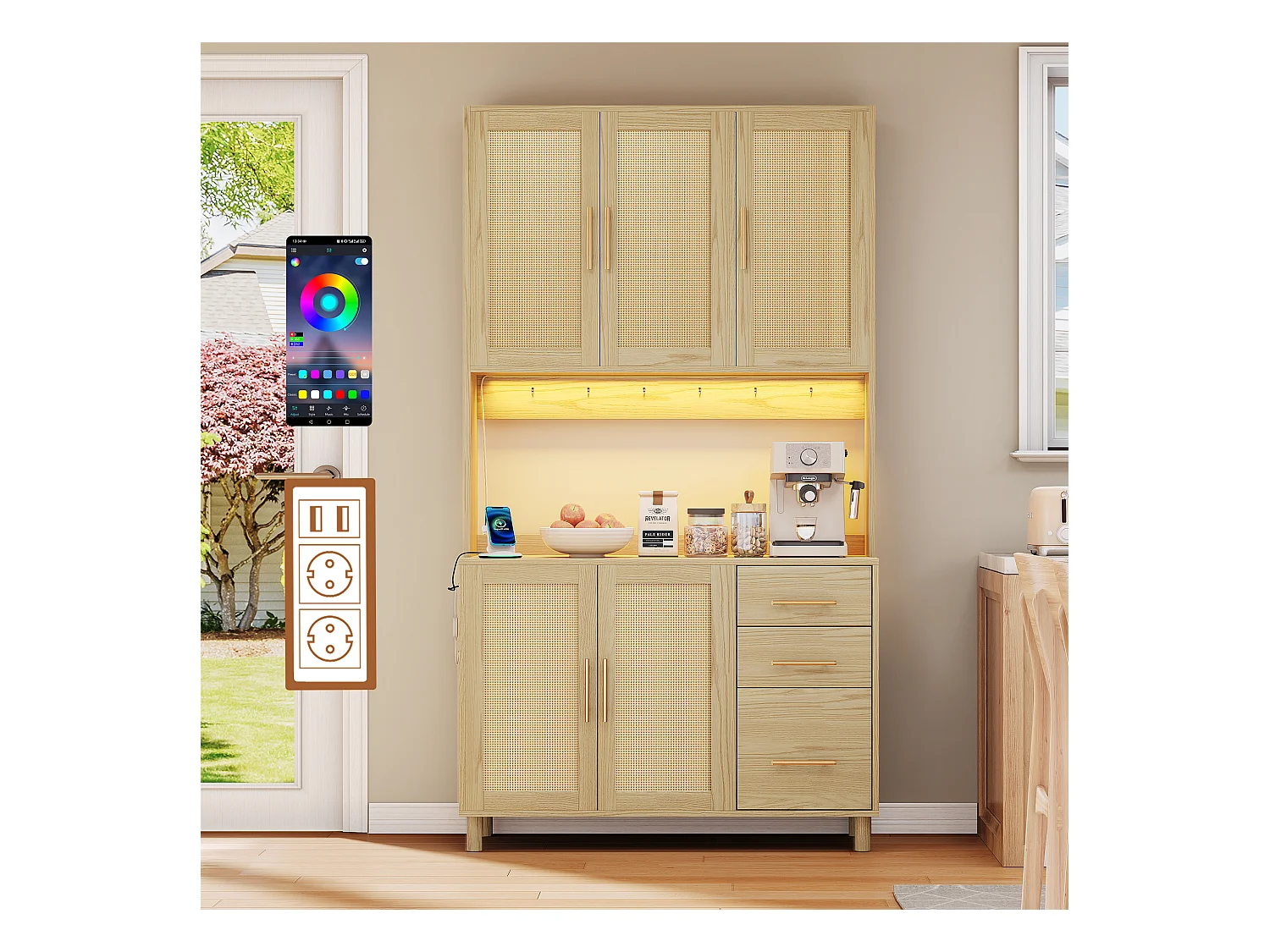 Küchen-Sideboard mit LEDs - 100 x 40 x 183 cm - mit USB + Steckdosen + verstellbaren Böden + 3 Schubladen - MDF - natur