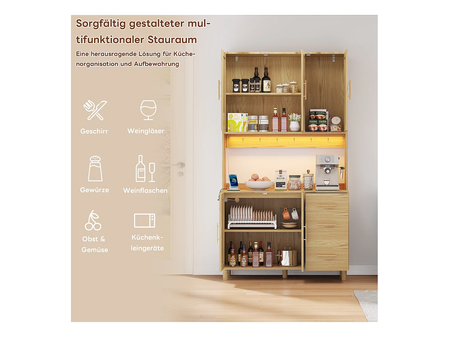 Buffet de cuisine avec Leds - 100 x 40 x 183 cm - avec USB + prises + étagères réglables + 3 tiroirs - MDF - naturel
