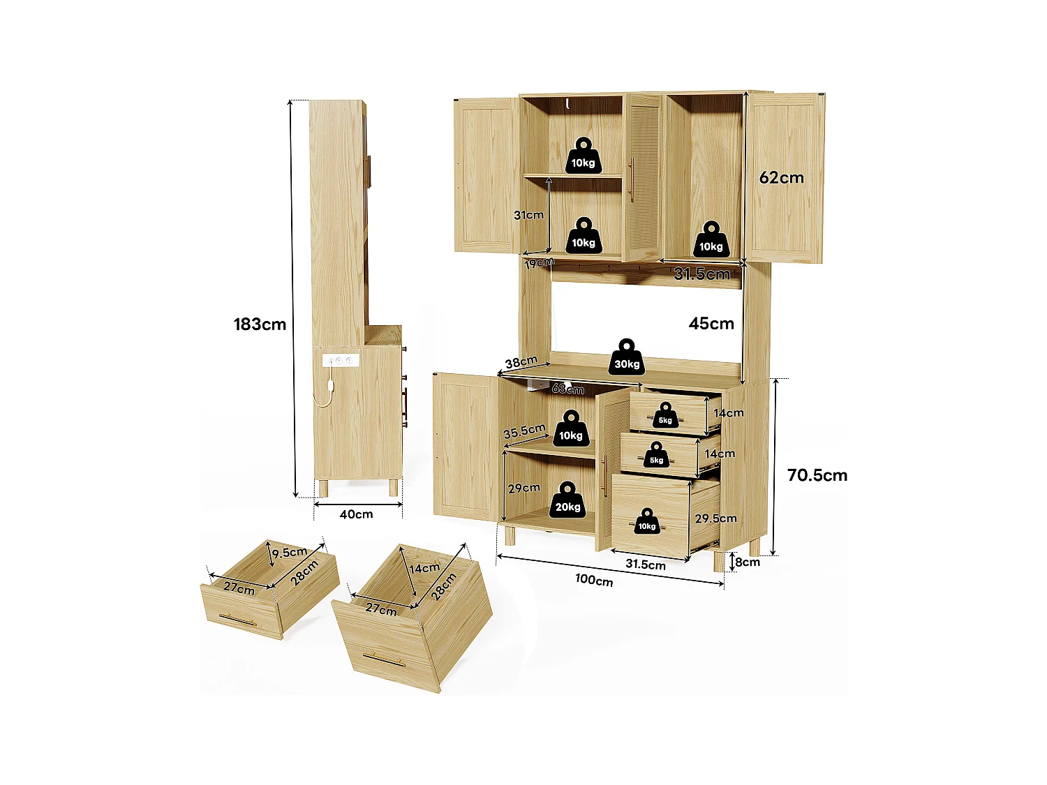 Buffet de cuisine avec Leds - 100 x 40 x 183 cm - avec USB + prises + étagères réglables + 3 tiroirs - MDF - naturel