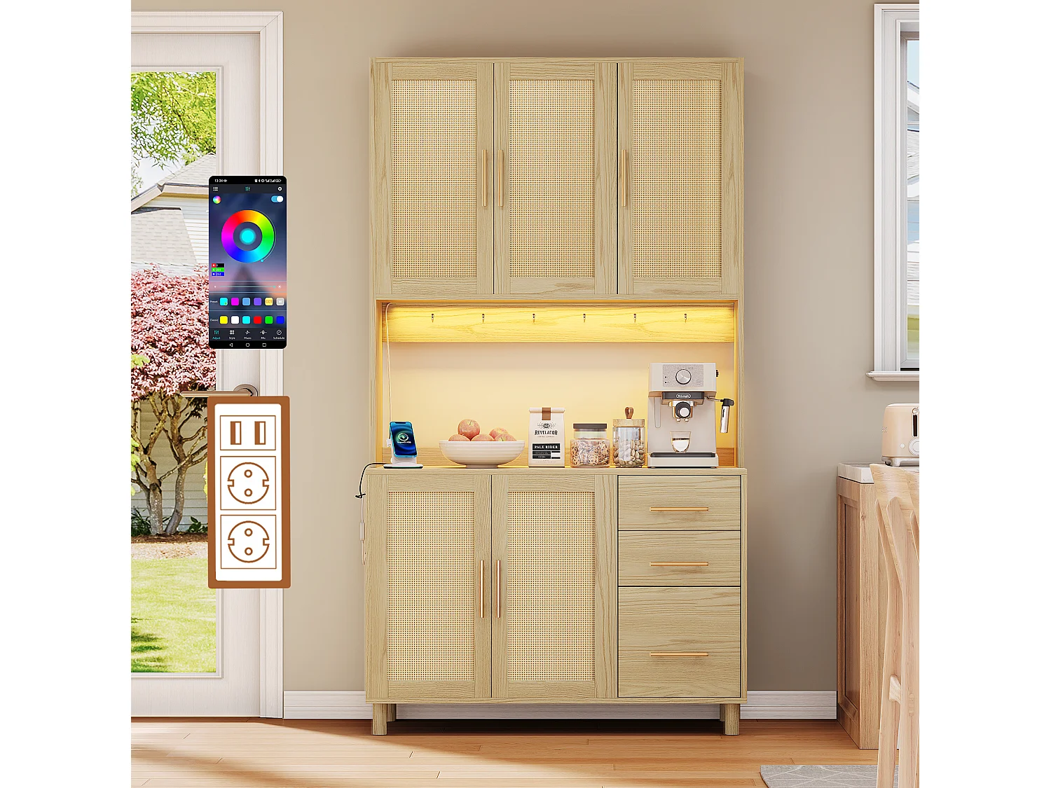 Buffet de cuisine avec Leds - 100 x 40 x 183 cm - avec USB + prises + étagères réglables + 3 tiroirs - MDF - naturel