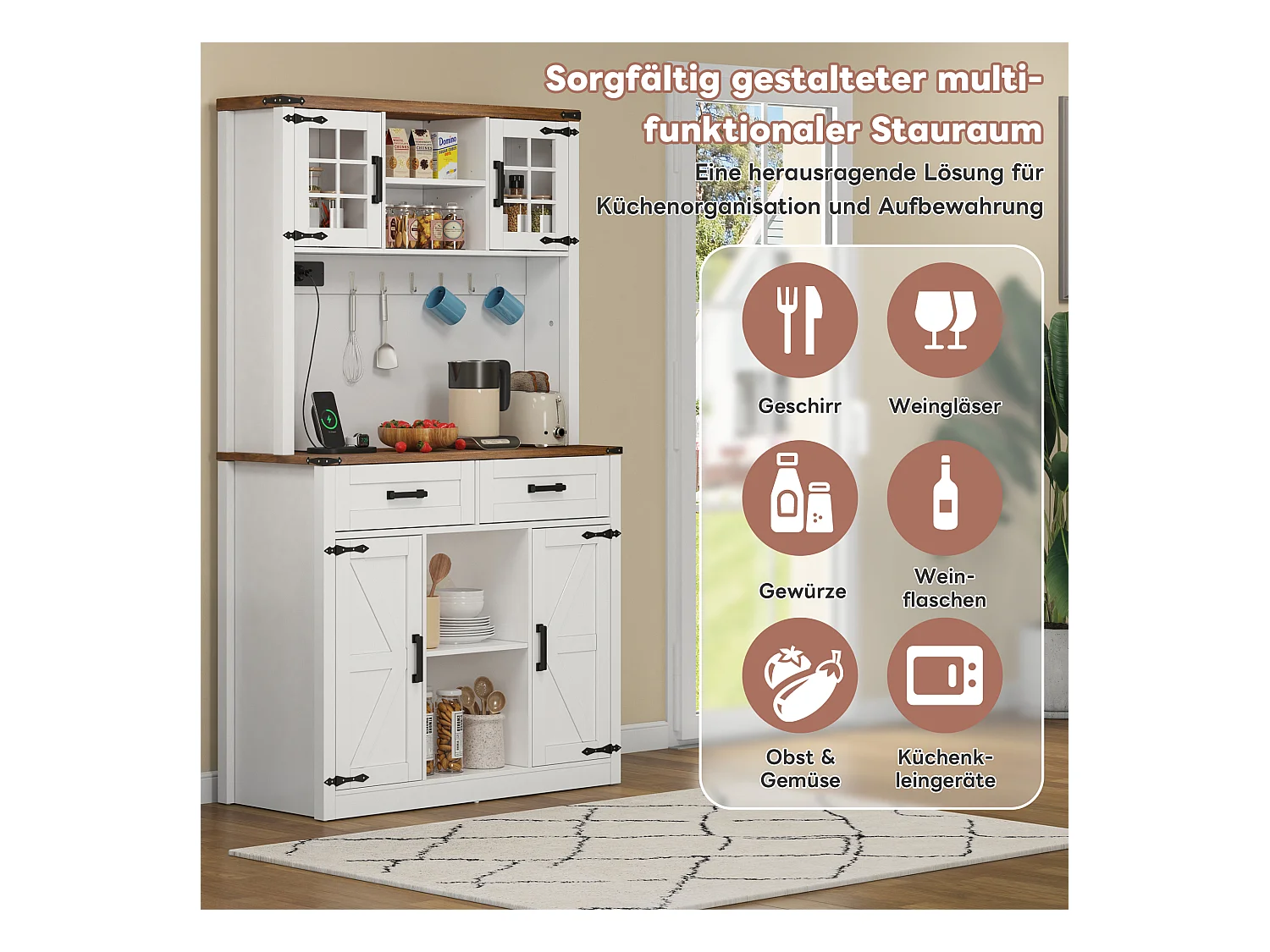 Aparador de cozinha - com LEDs e tomadas - 2 gavetas + 2 portas + prateleiras reguláveis - MDF - branco