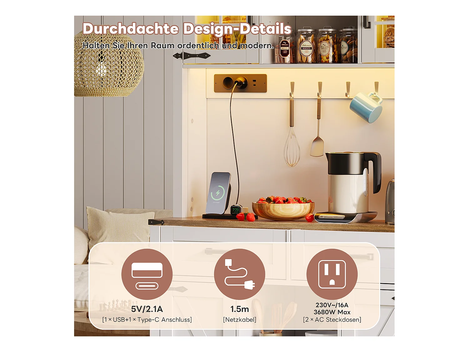 Aparador de cozinha - com LEDs e tomadas - 2 gavetas + 2 portas + prateleiras reguláveis - MDF - branco