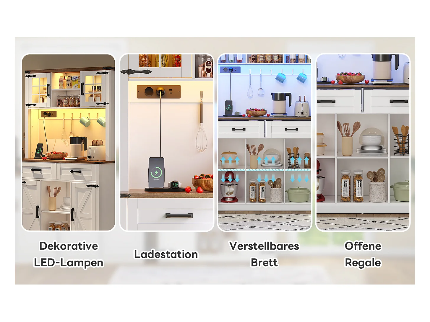 Aparador de cozinha - com LEDs e tomadas - 2 gavetas + 2 portas + prateleiras reguláveis - MDF - branco