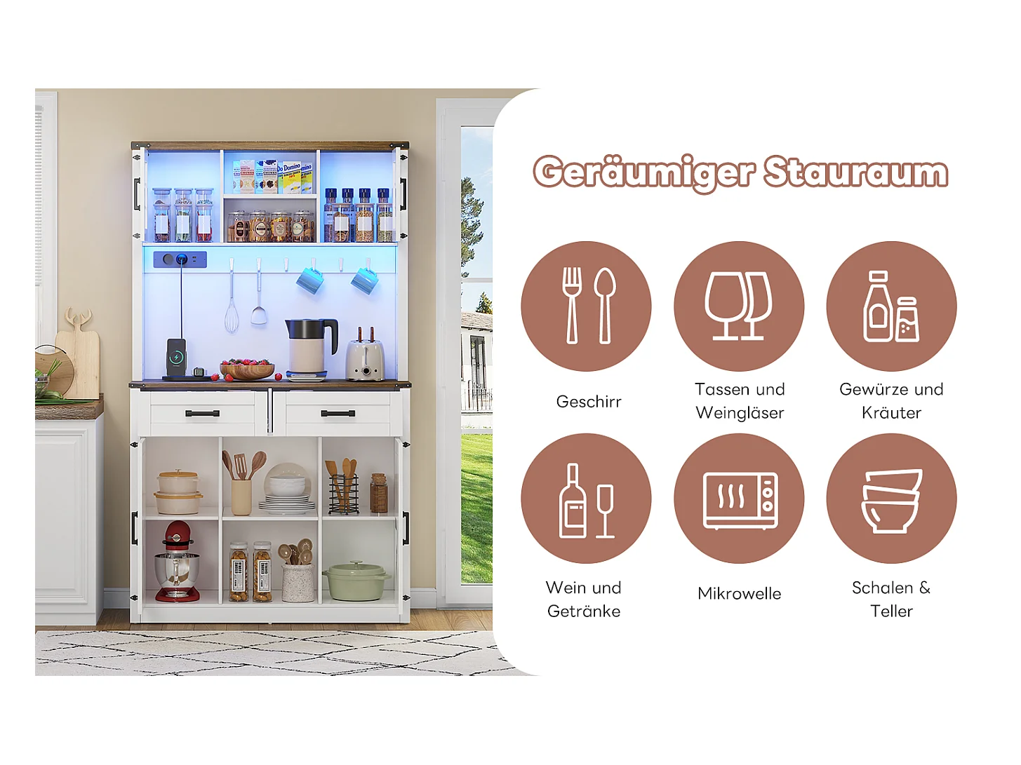 Aparador de cozinha - com LEDs e tomadas - 2 gavetas + 2 portas + prateleiras reguláveis - MDF - branco