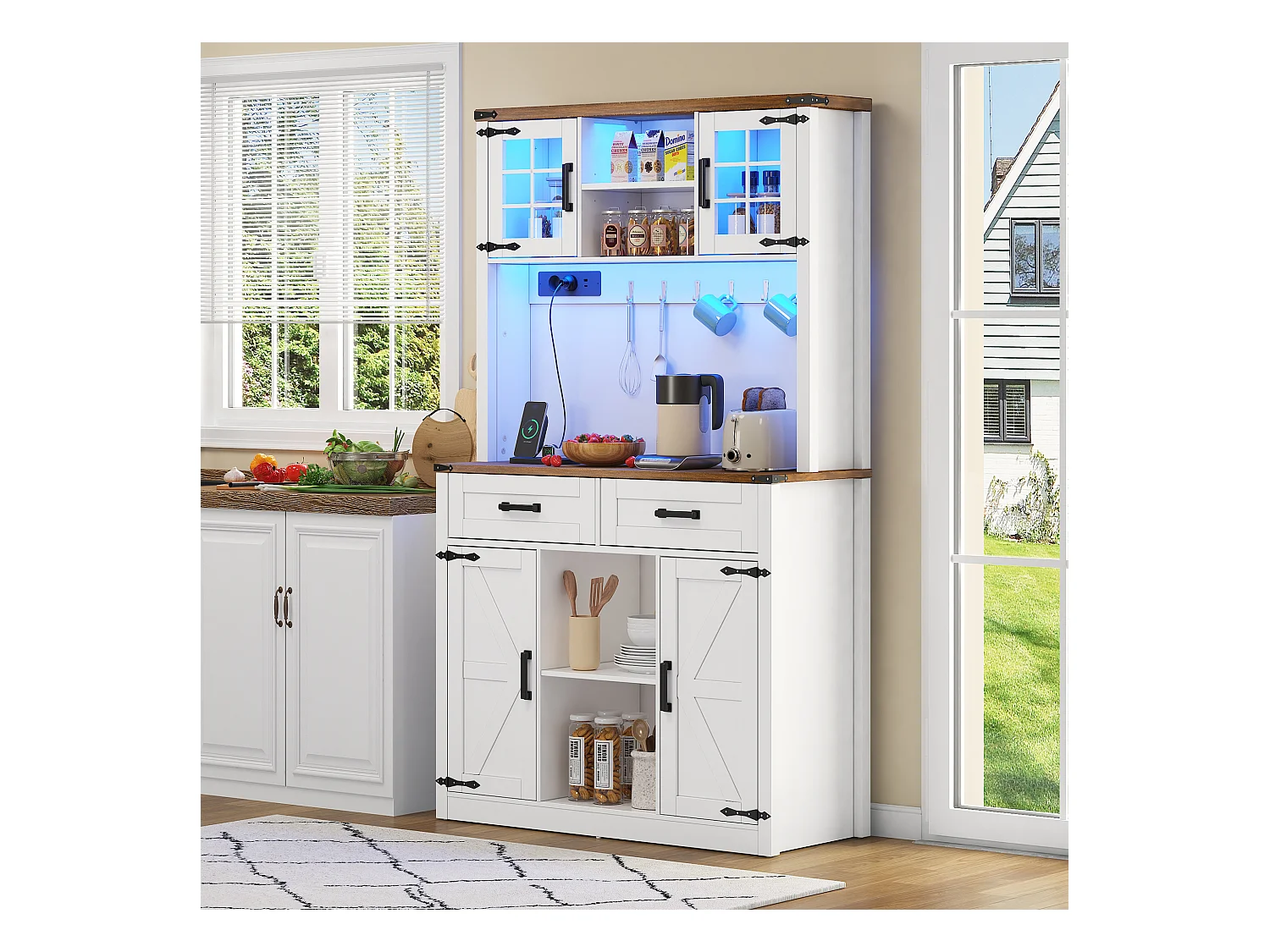 Buffet de cuisine bar - avec Leds et prises de courant - 2 tiroirs + 2 portes + étagères réglables - MDF - blanc