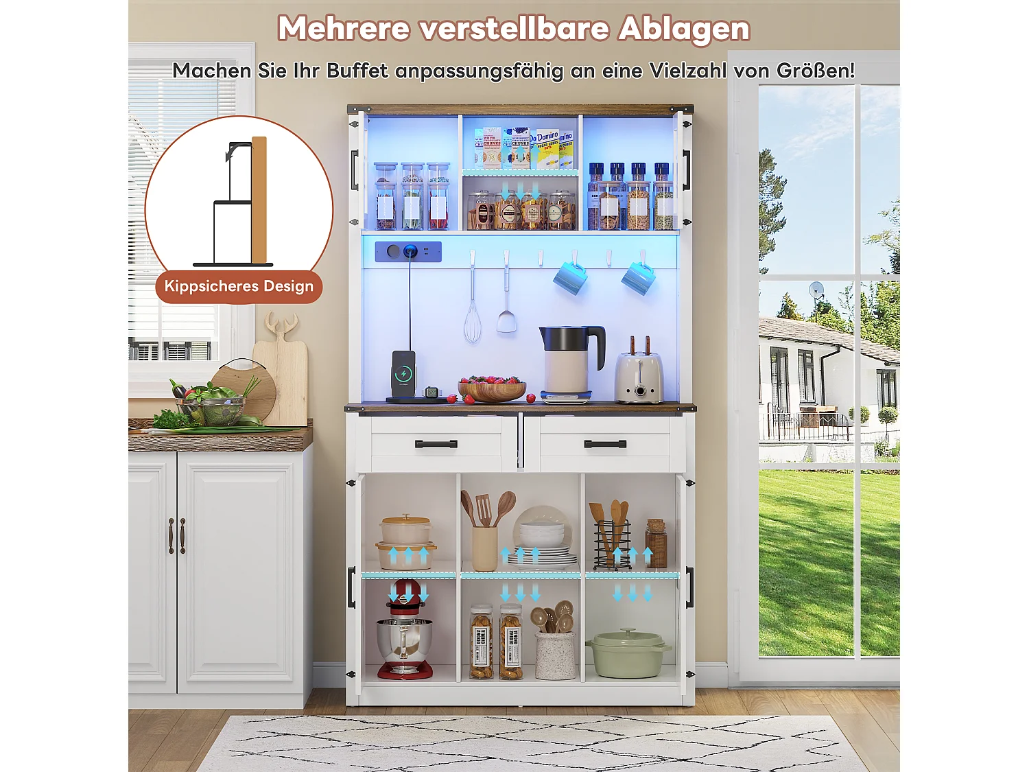 Buffet de cuisine bar - avec Leds et prises de courant - 2 tiroirs + 2 portes + étagères réglables - MDF - blanc