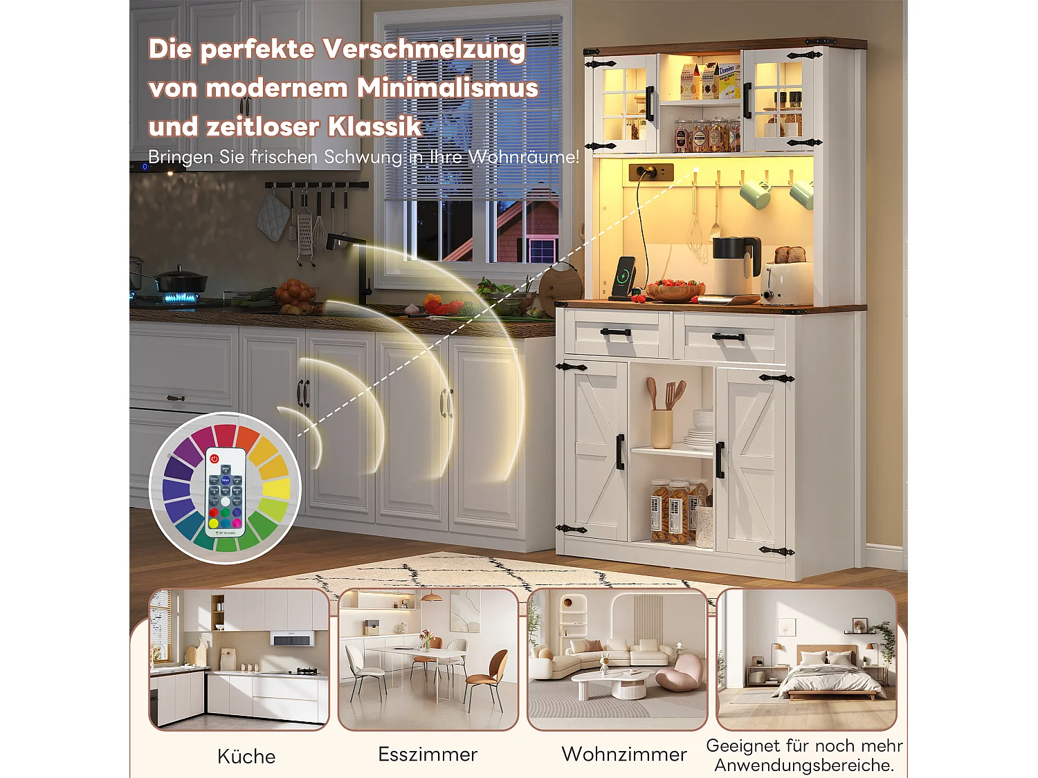 Buffet de cuisine bar - avec Leds et prises de courant - 2 tiroirs + 2 portes + étagères réglables - MDF - blanc