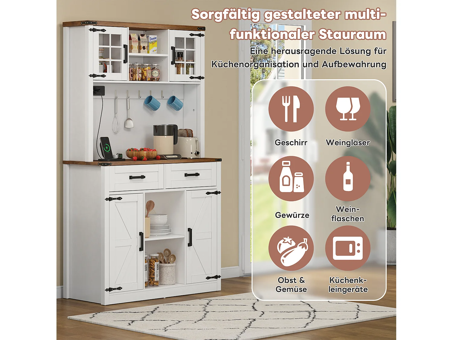 Buffet de cuisine bar - avec Leds et prises de courant - 2 tiroirs + 2 portes + étagères réglables - MDF - blanc