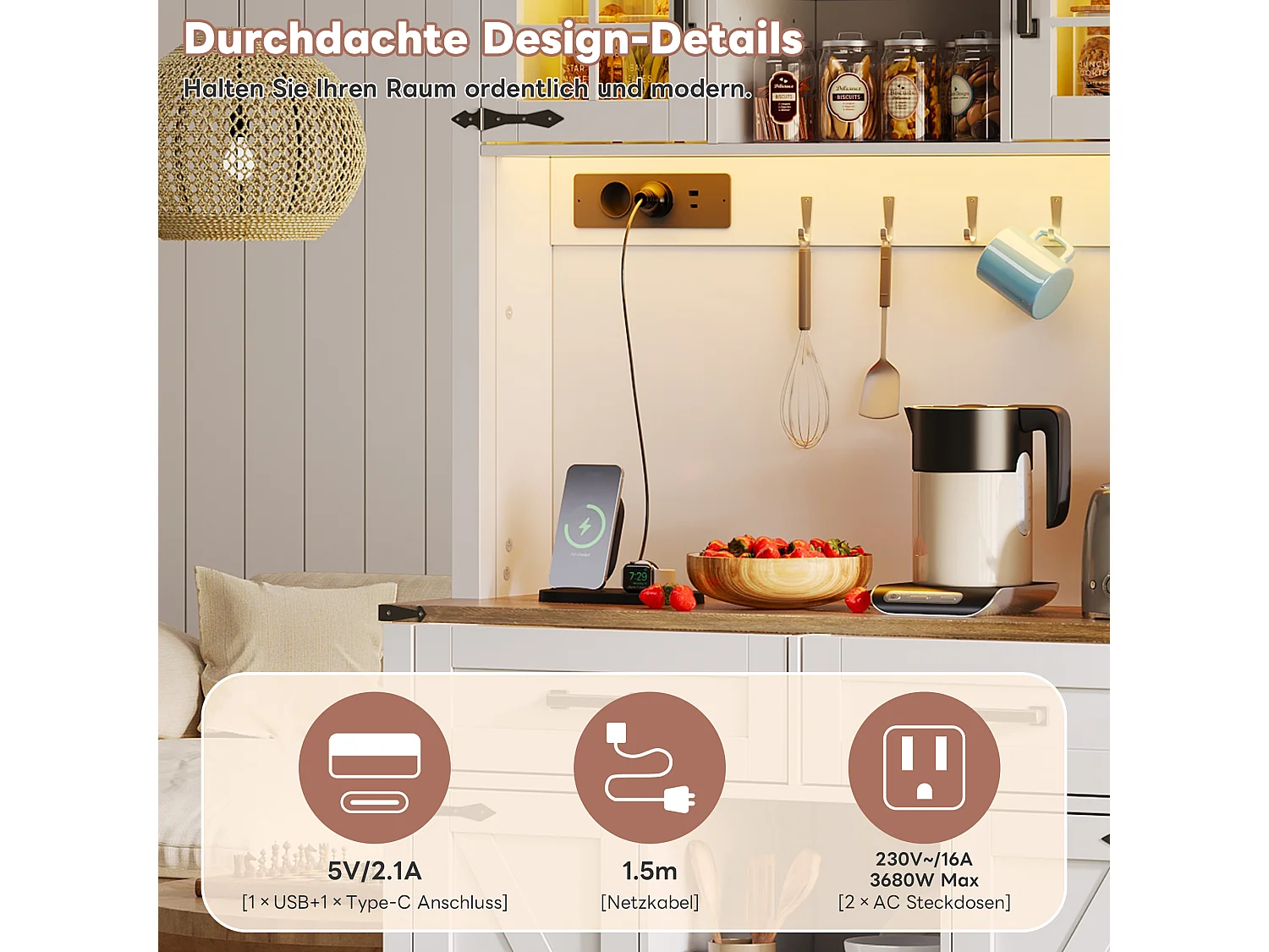 Buffet de cuisine bar - avec Leds et prises de courant - 2 tiroirs + 2 portes + étagères réglables - MDF - blanc