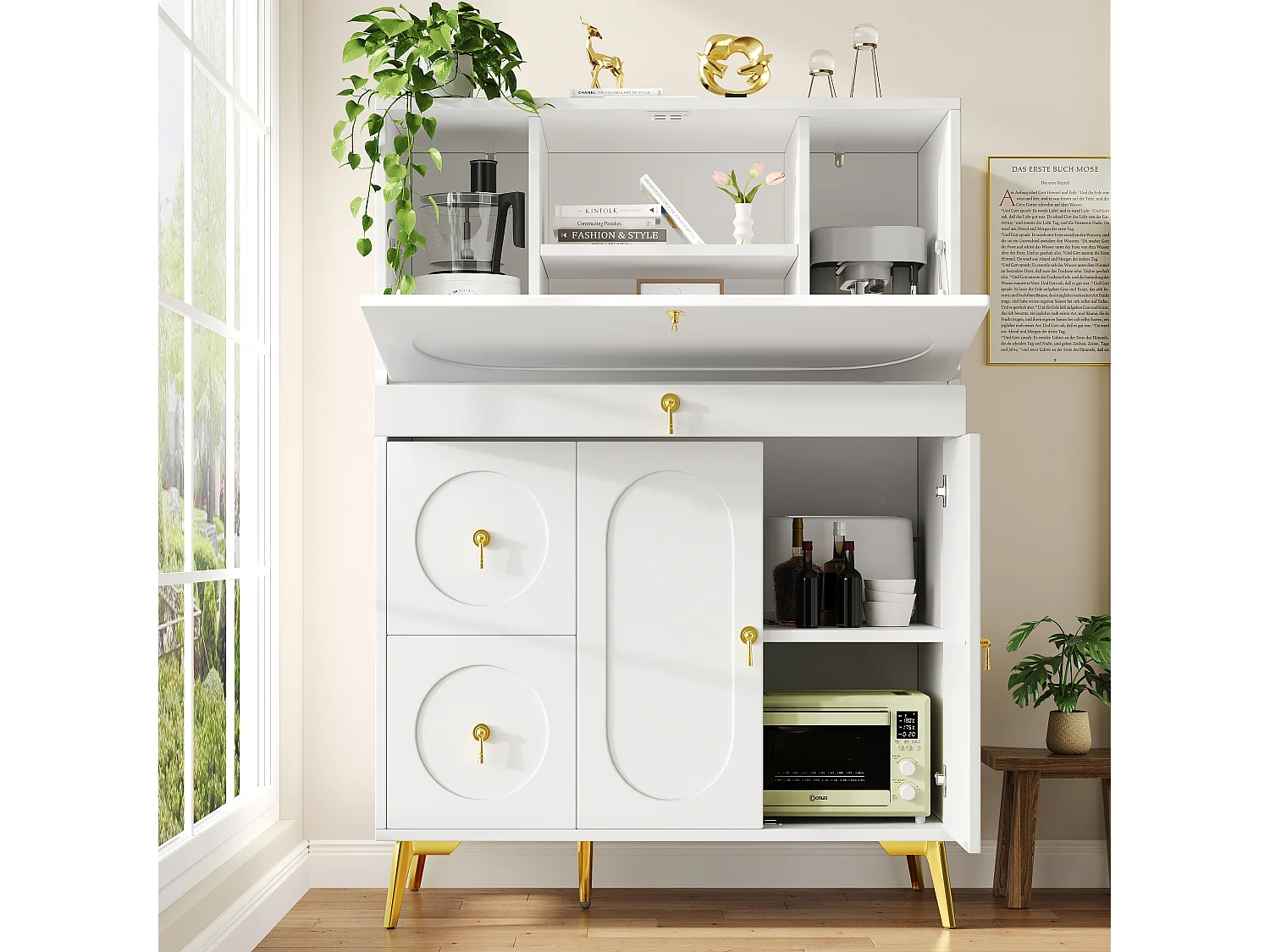 Buffet de cuisine - 100 x 50 x 140 cm - avec portes pliantes et espace de rangement - MDF - blanc