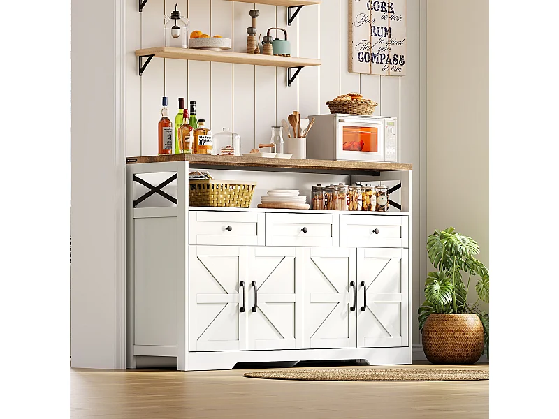 Keuken dressoir met 4 deuren - 140 x 95 x 35 cm - kasten met planken + 3 laden - MDF - wit