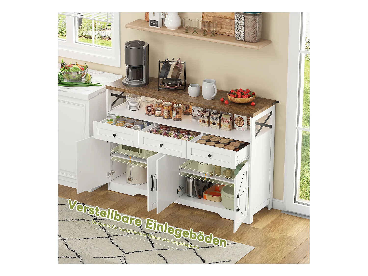 Buffet cuisine avec 4 portes - 140 x 95 x 35 cm - armoires avec étagères + 3 tiroirs -MDF - blanc