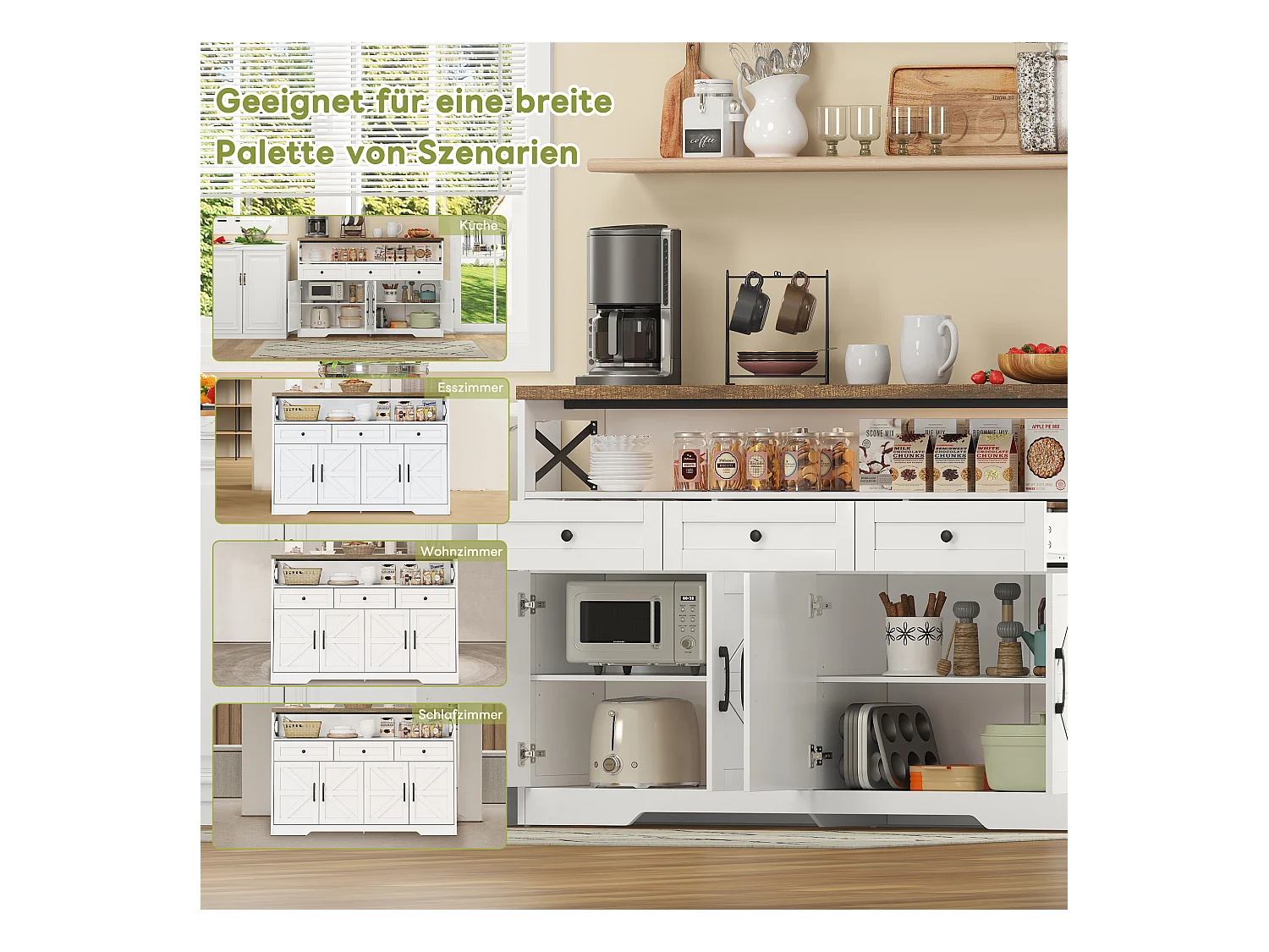 Buffet cuisine avec 4 portes - 140 x 95 x 35 cm - armoires avec étagères + 3 tiroirs -MDF - blanc