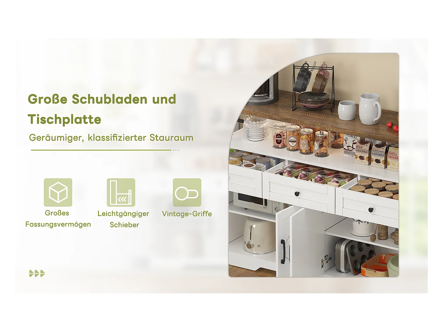 Buffet cuisine avec 4 portes - 140 x 95 x 35 cm - armoires avec étagères + 3 tiroirs -MDF - blanc