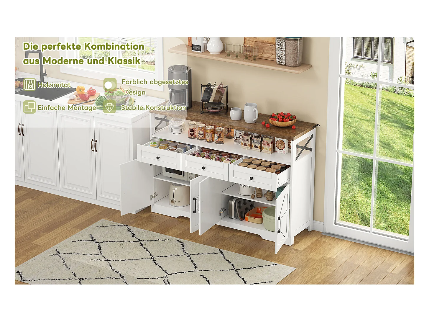 Buffet cuisine avec 4 portes - 140 x 95 x 35 cm - armoires avec étagères + 3 tiroirs -MDF - blanc