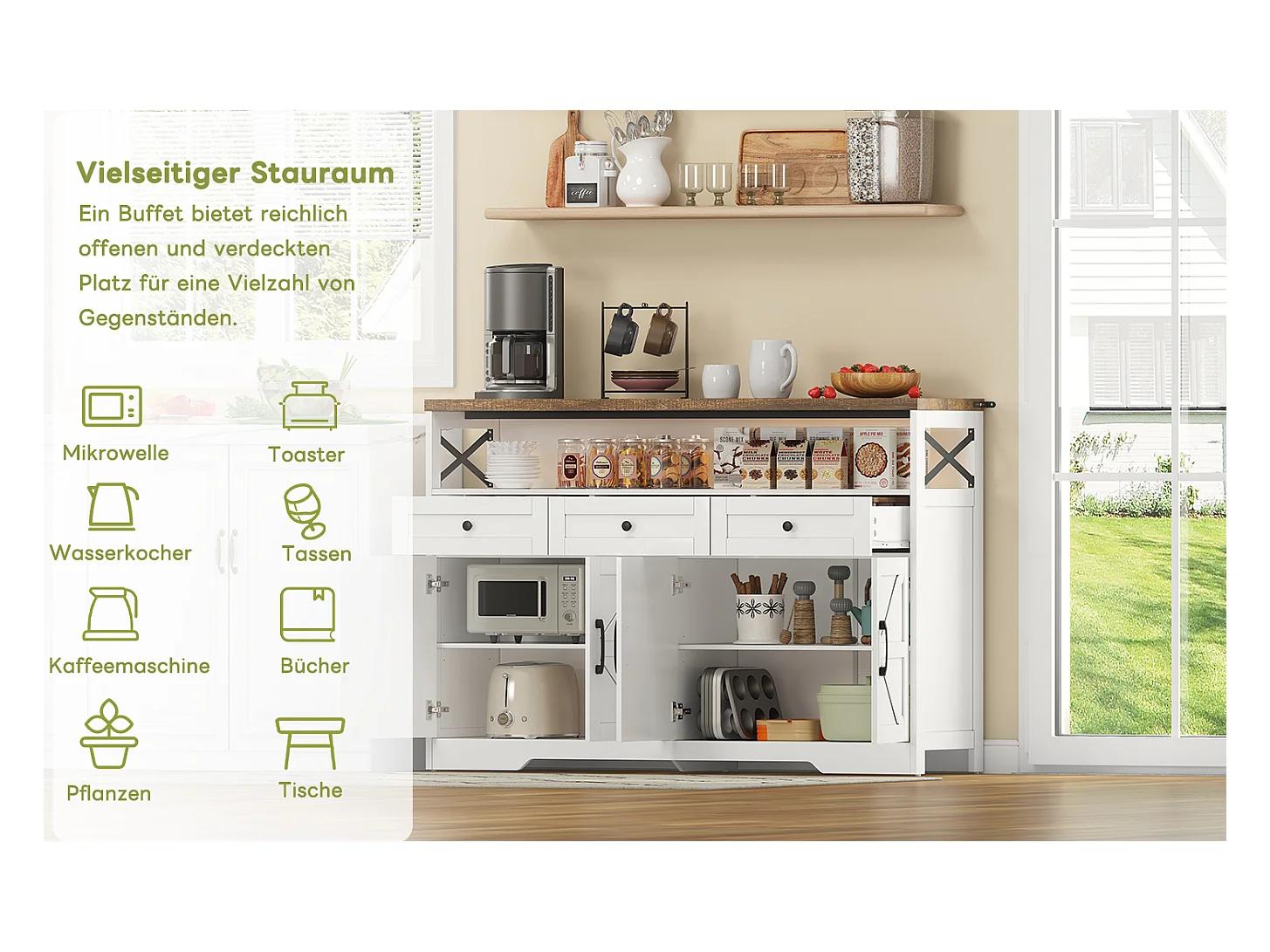 Buffet cuisine avec 4 portes - 140 x 95 x 35 cm - armoires avec étagères + 3 tiroirs -MDF - blanc