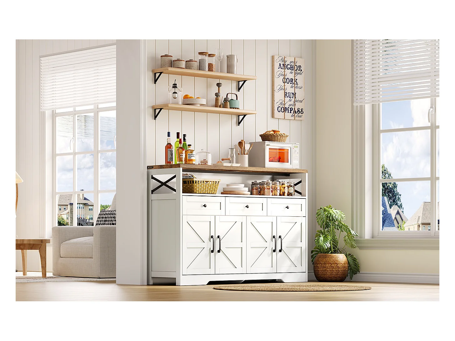 Buffet cuisine avec 4 portes - 140 x 95 x 35 cm - armoires avec étagères + 3 tiroirs -MDF - blanc