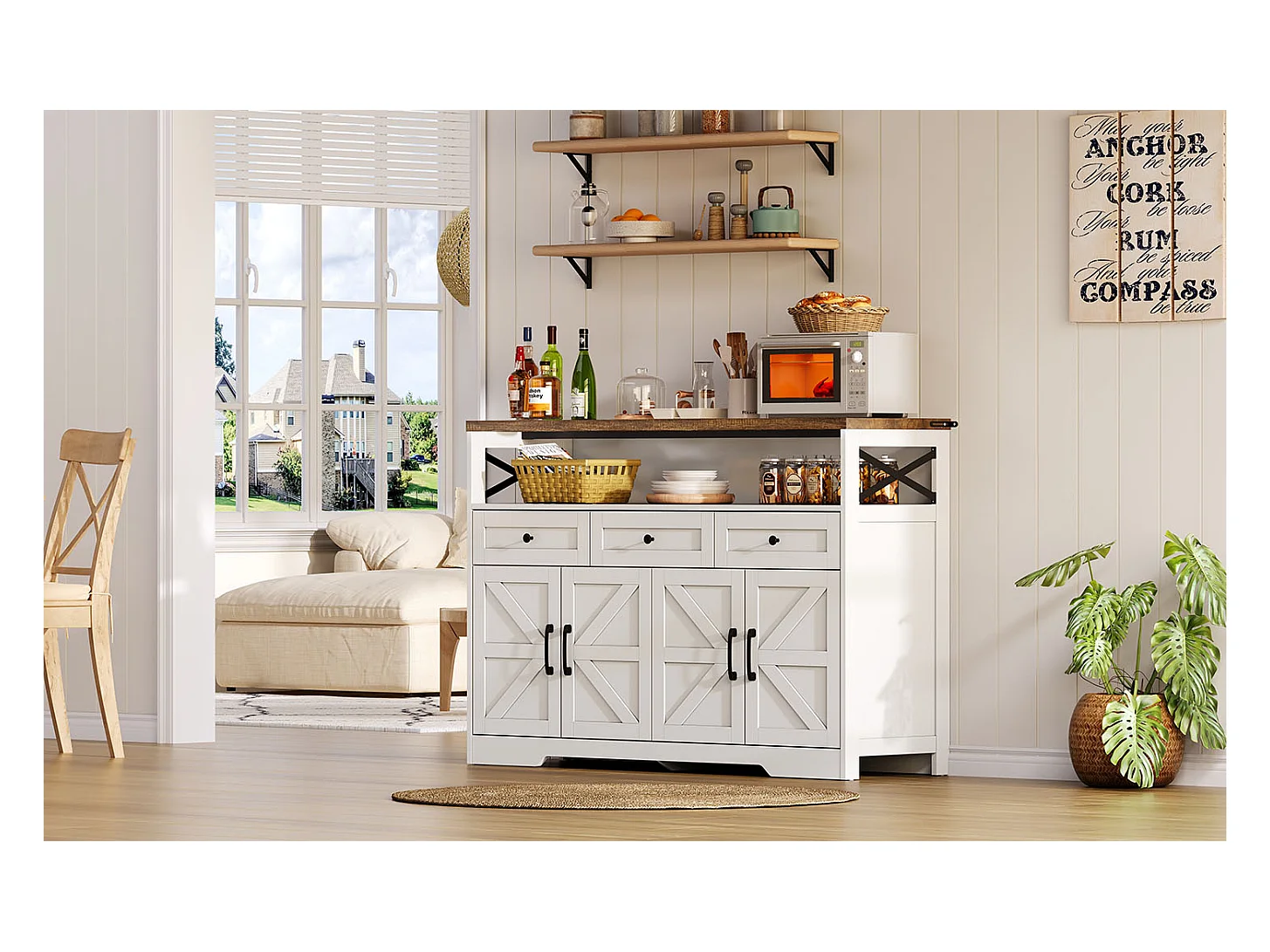 Buffet cuisine avec 4 portes - 140 x 95 x 35 cm - armoires avec étagères + 3 tiroirs -MDF - blanc