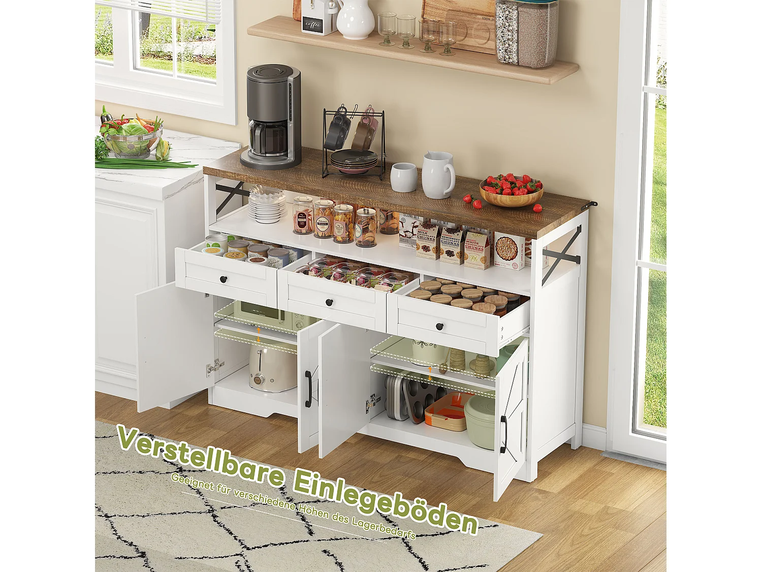 Keuken dressoir met 4 deuren - 140 x 95 x 35 cm - kasten met planken + 3 laden - MDF - wit