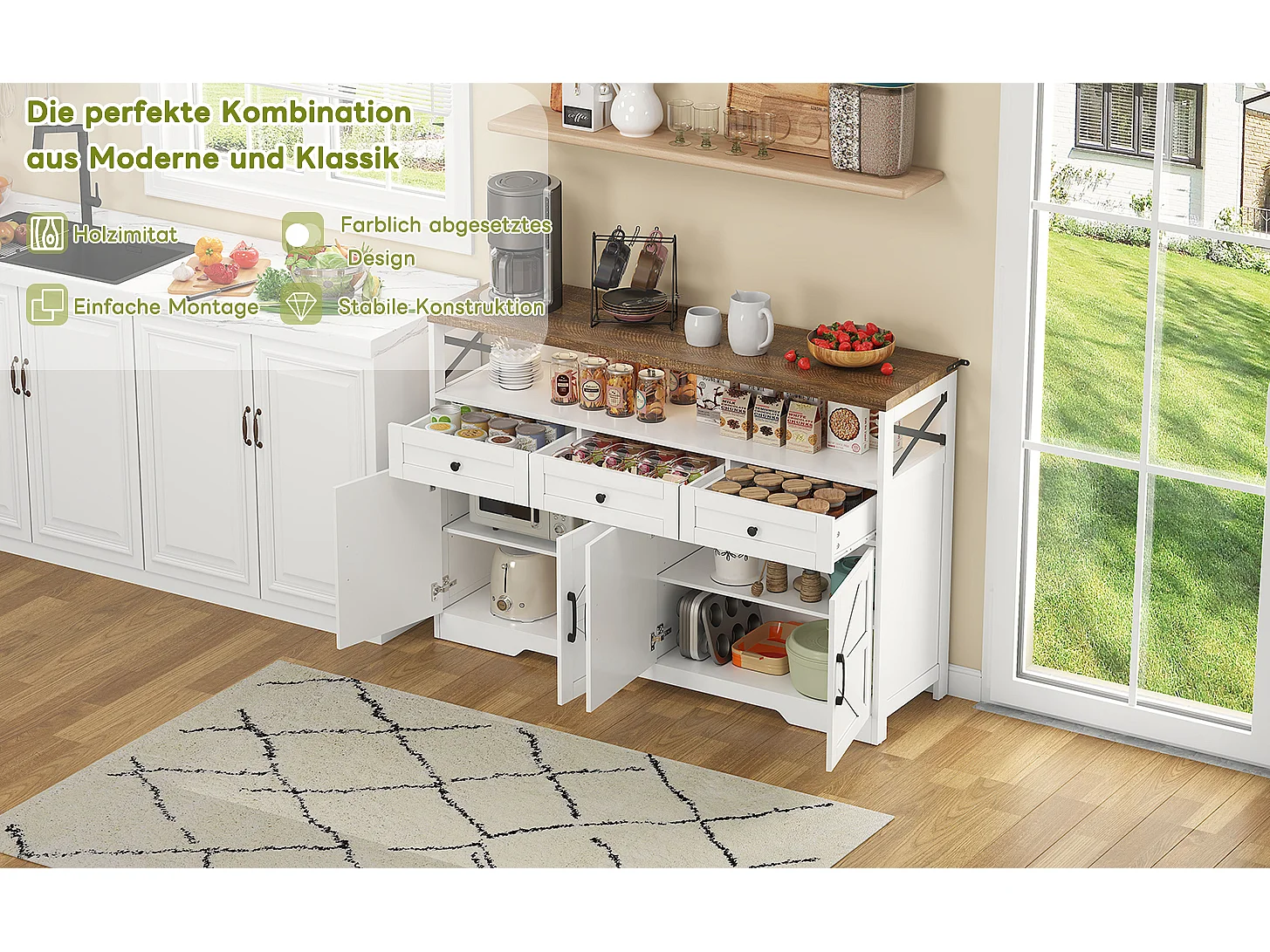 Keuken dressoir met 4 deuren - 140 x 95 x 35 cm - kasten met planken + 3 laden - MDF - wit